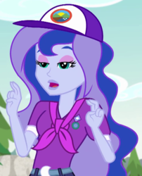 Size: 481x594 | Tagged: safe, screencap, princess luna, vice principal luna, equestria girls, g4, my little pony equestria girls: legend of everfree, air quotes, camp everfree outfits, cap, clothes, cropped, female, hat, implying, lidded eyes, scarf, solo