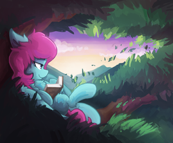 Size: 1600x1327 | Tagged: safe, artist:saxopi, oc, oc only, pegasus, pony, book, on back, solo, tree