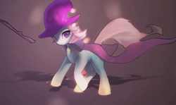 Size: 1800x1072 | Tagged: safe, artist:lmgchikess, trixie, pony, unicorn, g4, cape, clothes, female, hat, mare, smiling, solo, trixie's cape, trixie's hat