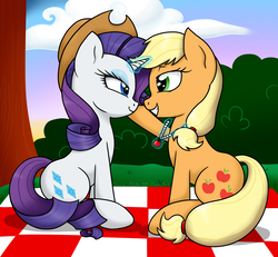 Size: 1300x1200 | Tagged: safe, artist:vampiresuper-sayajin, applejack, rarity, earth pony, pony, unicorn, g4, accessory swap, bedroom eyes, female, lesbian, looking at each other, mare, necklace, ship:rarijack, shipping