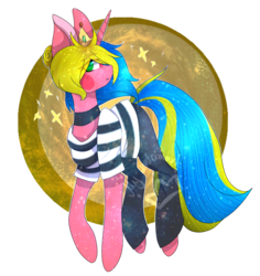 Size: 1665x1765 | Tagged: safe, artist:alithecat1989, oc, oc only, oc:flaion, pony, unicorn, clothes, crown, jewelry, pants, regalia, shirt, simple background, solo, striped shirt, transparent background