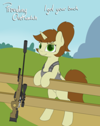 Size: 1990x2500 | Tagged: safe, artist:chamberofsnejwitz, oc, oc only, oc:fancy fletch, pony, unicorn, bipedal, clothes, gun, leaning, text, vest, weapon