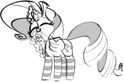 Size: 1718x1142 | Tagged: safe, artist:hattsy, derpibooru exclusive, rarity, oc, oc only, oc:yodi, pony, unicorn, g4, clothes, eyes closed, grayscale, magic, male, monochrome, plushie, simple background, socks, solo, stallion, striped socks, telekinesis, white background