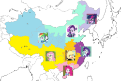 Size: 1800x1203 | Tagged: safe, applejack, fluttershy, pinkie pie, rainbow dash, rarity, starlight glimmer, twilight sparkle, equestria girls, g4, china, mane six, map, ponies as regions