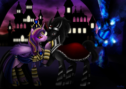 Size: 2500x1757 | Tagged: safe, artist:rose-beuty, king sombra, princess cadance, pony, g4, cape, clothes, corrupted, corrupted crystal heart, crystal empire, crystal heart, dark, infidelity, male, ship:somdance, shipping, straight