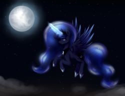 Size: 1300x1000 | Tagged: safe, artist:nutellaakanutella, princess luna, alicorn, pony, g4, female, flying, full moon, glowing horn, horn, mare, moon, night, solo