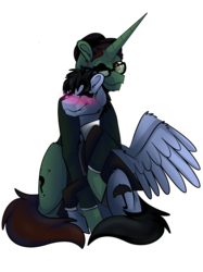 Size: 2048x2732 | Tagged: safe, artist:percy-mcmurphy, pegasus, pony, unicorn, batman, blushing, bowler hat, clothes, dc comics, edward nygma, eyes closed, gay, glasses, gotham, hat, high res, male, necktie, one eye closed, oswald cobblepot, ponified, shipping, simple background, stallion, suit, the penguin, the riddler, transparent background