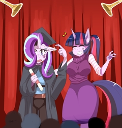 Size: 1376x1436 | Tagged: safe, artist:traupa, starlight glimmer, twilight sparkle, alicorn, anthro, g4, breasts, clothes, crowd, diploma, duo, floppy ears, graduation, graduation cap, grin, hat, musical instrument, smiling, trumpet, twilight sparkle (alicorn)