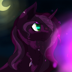Size: 2560x2560 | Tagged: safe, artist:brokensilence, oc, oc only, oc:arcana tenebris, pony, fire, high res, looking at something, night, purple fire, solo