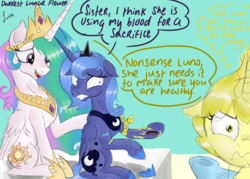 Size: 4823x3445 | Tagged: safe, artist:darkest-lunar-flower, princess celestia, princess luna, alicorn, pony, unicorn, g4, absurd resolution, blood, doctor, eyelashes, eyeshadow, female, luna is not amused, makeup, mare, on the moon for too long, pinpoint eyes, ponified, royal sisters, steven universe, syringe, tourniquet, underhoof, yellow pearl (steven universe)