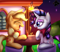 Size: 3000x2600 | Tagged: safe, artist:katakiuchi4u, applejack, rarity, earth pony, pony, unicorn, g4, cowboy hat, eyes closed, female, freckles, hat, high res, lesbian, mare, open mouth, ship:rarijack, shipping, sitting, stetson, table