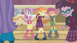 Size: 1136x639 | Tagged: safe, screencap, aqua blossom, orange sherbette, scootaloo, sweetie belle, varsity trim, equestria girls, g4, my little pony equestria girls: friendship games, boots, canterlot high, clothes, crystal prep academy uniform, eyes closed, female, glasses, rear view, school uniform, shoes, skirt, socks