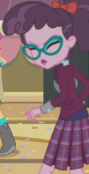 Size: 327x638 | Tagged: safe, screencap, scootaloo, varsity trim, equestria girls, g4, my little pony equestria girls: friendship games, boots, clothes, confetti, cropped, crystal prep academy uniform, eyes closed, female, glasses, open mouth, school uniform, shoes, skirt, solo focus