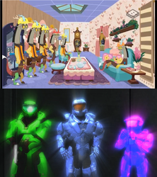 Size: 961x1080 | Tagged: safe, screencap, discord, discordant harmony, g4, artificial intelligence, clone, delta, discord crew, discord's house, epsilon, hologram, indoors, leonard church, red vs blue, rvb, theta