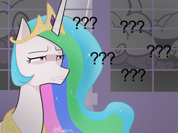 Size: 1024x768 | Tagged: safe, artist:extraluna, princess celestia, alicorn, pony, g4, confused, crown, female, jewelry, mare, question mark, regalia, solo, wtf