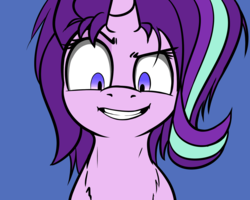 Size: 2010x1605 | Tagged: safe, artist:duop-qoub, starlight glimmer, pony, unicorn, g4, blue background, bust, chest fluff, female, mare, messy mane, raised eyebrow, simple background, smiling, snaplight glimmer, solo