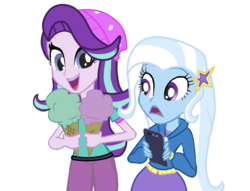 Size: 900x689 | Tagged: safe, artist:diamondskrystall, starlight glimmer, trixie, equestria girls, g4, beanie, cellphone, duo, female, food, hat, ice cream, phone, shocked, simple background, smartphone, that human sure does love ice cream, that pony sure does love ice cream, transparent background, vector