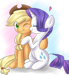 Size: 1360x1490 | Tagged: safe, artist:tcn1205, applejack, rarity, earth pony, pony, unicorn, g4, blushing, eyes closed, female, heart, hug, lesbian, mare, one eye closed, ship:rarijack, shipping, simple background, smiling, white background