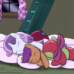 Size: 1800x1800 | Tagged: safe, artist:halflingpony, apple bloom, scootaloo, sweetie belle, earth pony, pony, g4, adorabloom, cape, clothes, cmc cape, cuddle puddle, cuddling, cute, cutealoo, cutie mark crusaders, diasweetes, pony pile, sleeping, snuggling