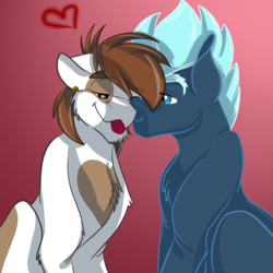 Size: 2048x2048 | Tagged: safe, artist:percy-mcmurphy, lightning flare, pipsqueak, earth pony, pony, g4, adult, crack shipping, duo, ear piercing, earring, gay, heart, high res, jewelry, male, nuzzling, older, older lightning flare, older pipsqueak, one eye closed, piercing, pipflare, shipping, stallion