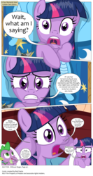 Size: 3300x6210 | Tagged: safe, artist:perfectblue97, spike, twilight sparkle, dragon, earth pony, pony, comic:without magic, g4, absurd resolution, bed, blank flank, comic, earth pony twilight, golden oaks library, pillow