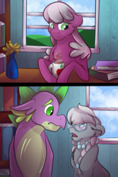 Size: 1200x1800 | Tagged: safe, artist:percy-mcmurphy, cheerilee, silver spoon, spike, dragon, earth pony, pony, g4, adult, alternate hairstyle, book, comic, desk, female, glasses, jewelry, looking away, male, mare, mug, necklace, older, older silver spoon, older spike, pearl necklace, sad, ship:silverspike, shipping, straight, table, trio, vase