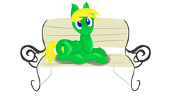 Size: 1280x720 | Tagged: safe, artist:jbond, oc, oc only, pegasus, pony, bench, blonde, commission, cute, green pony, lying down, male, pegasus oc, prone, simple background, smiling, smiling at you, solo, stallion, white background, ych result