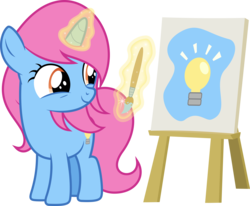 Size: 6296x5182 | Tagged: safe, artist:misteraibo, artist:timeymarey007, oc, oc only, oc:inspired imagination, pony, unicorn, .svg available, absurd resolution, canvas, cute, easel, female, filly, foal, lightbulb, magic, ocbetes, paintbrush, simple background, solo, transparent background, vector