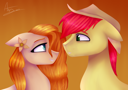 Size: 5905x4169 | Tagged: safe, artist:amyszek, artist:amyx33pl, bright mac, pear butter, earth pony, pony, g4, the perfect pear, absurd resolution, applejack's parents, cowboy hat, eye contact, female, floppy ears, gradient background, hat, husband and wife, looking at each other, male, mare, ship:brightbutter, shipping, stallion, stetson, straight