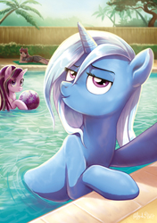 Size: 1748x2480 | Tagged: safe, artist:yulyeen, maud pie, starlight glimmer, trixie, earth pony, pony, unicorn, g4, ball, bedroom eyes, female, high res, looking at you, mare, selfie, smiling, smirk, swimming pool, trio, water, wet, wet mane