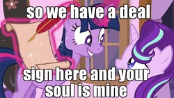 Size: 960x540 | Tagged: safe, edit, edited screencap, screencap, starlight glimmer, twilight sparkle, alicorn, pony, a royal problem, g4, contract, deal with the devil, image macro, list, magic, meme, twilight sparkle (alicorn), your soul is mine