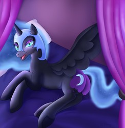 Size: 1251x1280 | Tagged: safe, artist:jimfoxx, nightmare moon, alicorn, pony, g4, bed, butt, female, looking at you, nightmare moonbutt, open mouth, plot, prone, solo, spread wings, wings