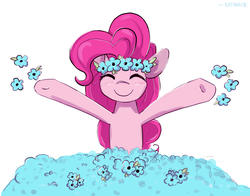 Size: 3090x2426 | Tagged: safe, artist:ratann, pinkie pie, earth pony, pony, g4, eyes closed, female, floral head wreath, flower, happy, high res, simple background, smiling, solo, white background