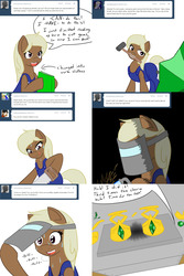 Size: 1600x2400 | Tagged: safe, artist:jake heritagu, oc, oc only, oc:sandy hooves, pony, ask pregnant scootaloo, blowtorch, book, clothes, comic, crosscut saw, emerald, female, mare, saw, shoes, sweat, welding mask