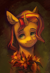 Size: 1000x1467 | Tagged: safe, artist:fauline, sunset shimmer, pony, unicorn, g4, bouquet, female, flower, smiling, solo