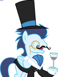 Size: 1300x1697 | Tagged: safe, artist:xebck, edit, soarin', pegasus, pony, g4, classy, clothes, cropped, eyes closed, facial hair, glass, hat, lightly watermarked, male, monocle, moustache, open mouth, simple background, solo, stallion, suit, top hat, transparent background, vector, watermark, wine glass