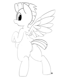 Size: 1280x1598 | Tagged: safe, artist:pabbley, thunderlane, pegasus, pony, g4, 30 minute art challenge, bipedal, dock, featureless crotch, looking back, male, monochrome, simple background, solo, spread wings, stallion, white background, wings