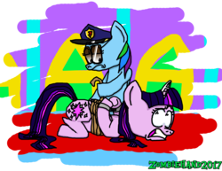 Size: 6600x5100 | Tagged: safe, artist:itszombiehand, rainbow dash, twilight sparkle, alicorn, pony, g4, absurd resolution, arrested, bondage, bound wings, cuffed, cuffs, duo, handcuffed, horn, horn ring, magic suppression, police, twilight sparkle (alicorn)