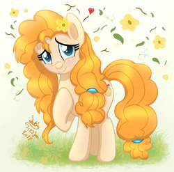 Size: 1195x1180 | Tagged: safe, artist:joakaha, pear butter, earth pony, pony, g4, the perfect pear, cute, female, flower, flower in hair, looking at you, mare, pearabetes, smiling, solo