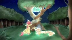 Size: 3840x2160 | Tagged: safe, artist:ruby dusk, bright mac, pear butter, earth pony, ghost, pony, undead, g4, the perfect pear, apple tree, bittersweet, bright mac's ghost, female, forest, grass field, hat, high res, intertwined trees, male, night, night sky, pear butter's ghost, pear tree, ponytail, rest in peace, ship:brightbutter, shipping, sky, straight, tearjerker, tree, wallpaper