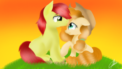 Size: 2047x1154 | Tagged: safe, artist:sweetkllrvane, bright mac, pear butter, earth pony, pony, g4, the perfect pear, female, male, ship:brightbutter, shipping, straight