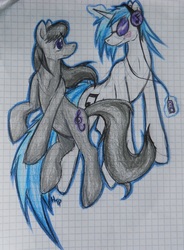 Size: 574x779 | Tagged: safe, artist:haterthepony, dj pon-3, octavia melody, vinyl scratch, earth pony, pony, unicorn, g4, blushing, duo, female, graph paper, headphones, ipod, mare, traditional art