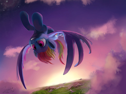 Size: 1775x1325 | Tagged: safe, artist:insanerobocat, rainbow dash, pegasus, pony, g4, backlighting, cloud, female, flying, mare, outdoors, sky, smiling, solo, spread wings, sunrise, twilight (astronomy), upside down, wings