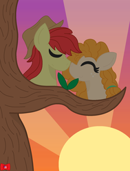 Size: 1288x1708 | Tagged: safe, artist:rainbowreshiram, bright mac, pear butter, earth pony, pony, g4, my little pony: friendship is magic, the perfect pear, female, male, ship:brightbutter, shipping, straight, sun, tree, tree branch