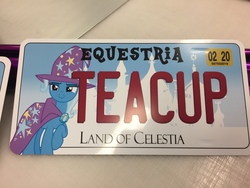 Size: 3264x2448 | Tagged: safe, artist:dashiesparkle, artist:ramivic, trixie, pony, unicorn, g4, cup, female, high res, irl, license plate, mare, photo, raised hoof, solo, teacup