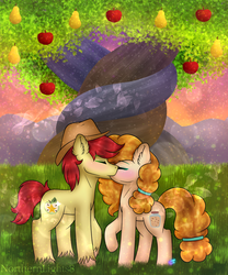 Size: 1024x1229 | Tagged: safe, artist:northlights8, bright mac, pear butter, earth pony, pony, g4, the perfect pear, apple tree, blushing, female, intertwined trees, kissing, male, pear tree, ship:brightbutter, shipping, straight, tree
