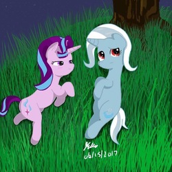 Size: 768x768 | Tagged: safe, artist:bleuey, starlight glimmer, trixie, pony, unicorn, g4, female, grass, lesbian, lying down, mare, on side, ship:startrix, shipping, smiling, wrong eye color