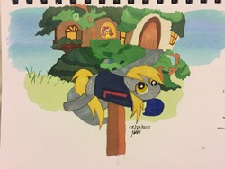 Size: 3264x2448 | Tagged: safe, artist:bleuey, derpy hooves, fluttershy, pegasus, pony, g4, cute, derpy inside a mailbox, female, fluttershy's cottage, high res, mailbox, mare, signature, solo focus, traditional art
