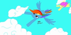 Size: 1024x502 | Tagged: safe, artist:bleuey, fluttershy, rainbow dash, pegasus, pony, g4, cloud, duo, female, flying, mare, signature, sky