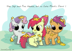 Size: 600x424 | Tagged: safe, artist:scarabdynasty1, apple bloom, scootaloo, sweetie belle, earth pony, pony, g4, cute, cutie mark crusaders, messy, sap, tree sap and pine needles